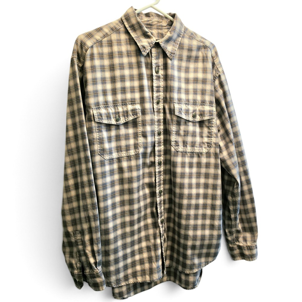 Eddie Bauer Plaid Button Down Shirt Long Sleeve Blue Tan Check Men's L